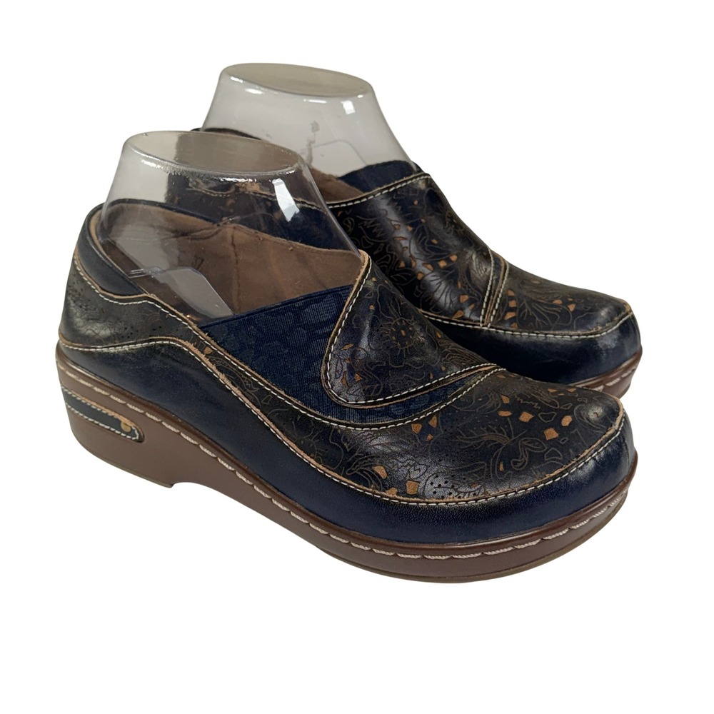 Spring Step L'Artiste Burbank Clogs Womens 37/6.5-7 Blue Floral Leather‎ Slip On